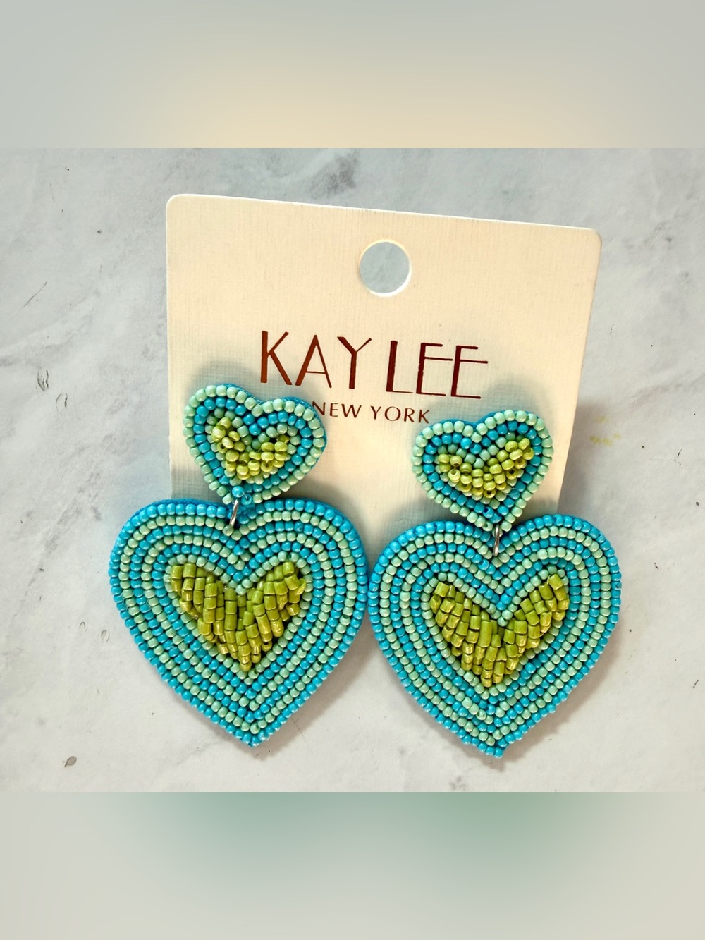 NWT Kay Lee New York Beaded Double Heart Statement Earrings - Turquoise & Green